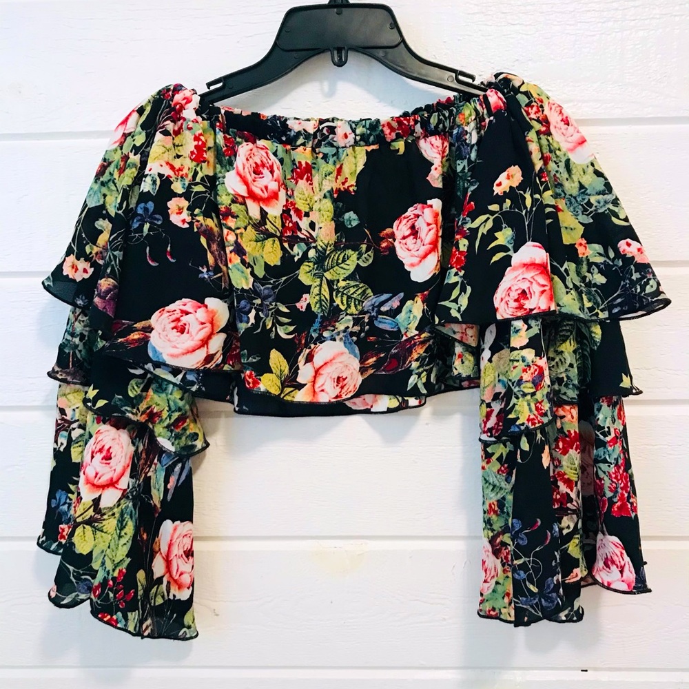 - LF Black Floral Ruffle Crop Top